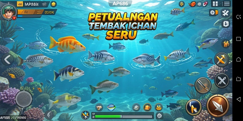 Screenshot gameplay AP686 menampilkan aksi seru menembak ikan di lautan.