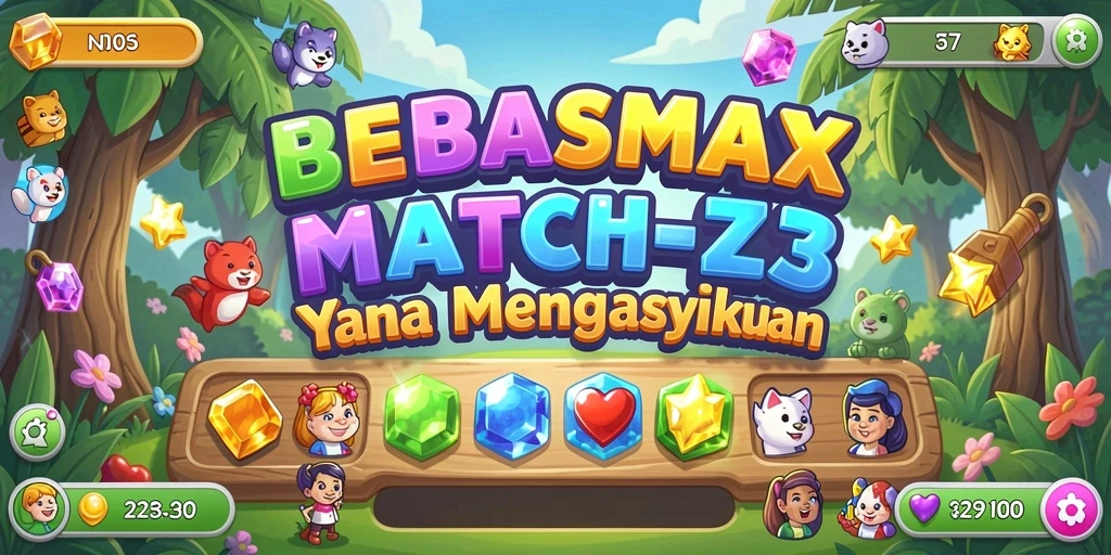 Screenshot gameplay BEBASMAX dengan desain match-3 yang cerah dan menarik.