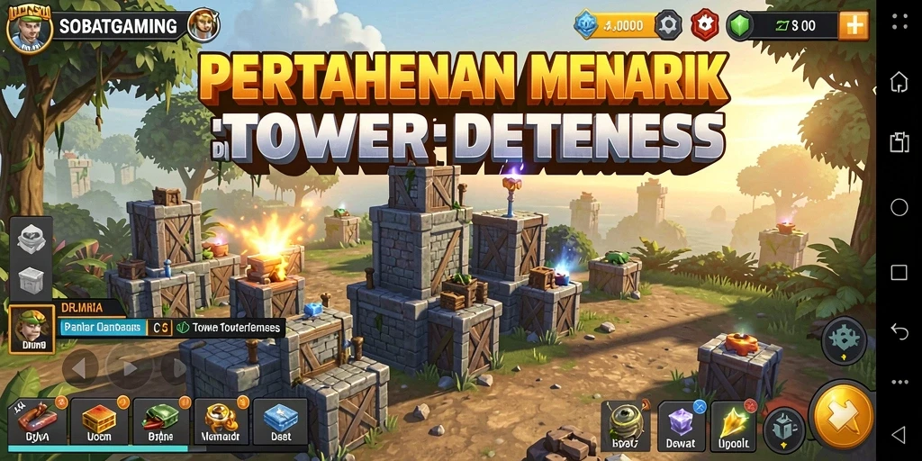 Tampilan gameplay SOBATGAMING dengan menara dan musuh yang menantang.